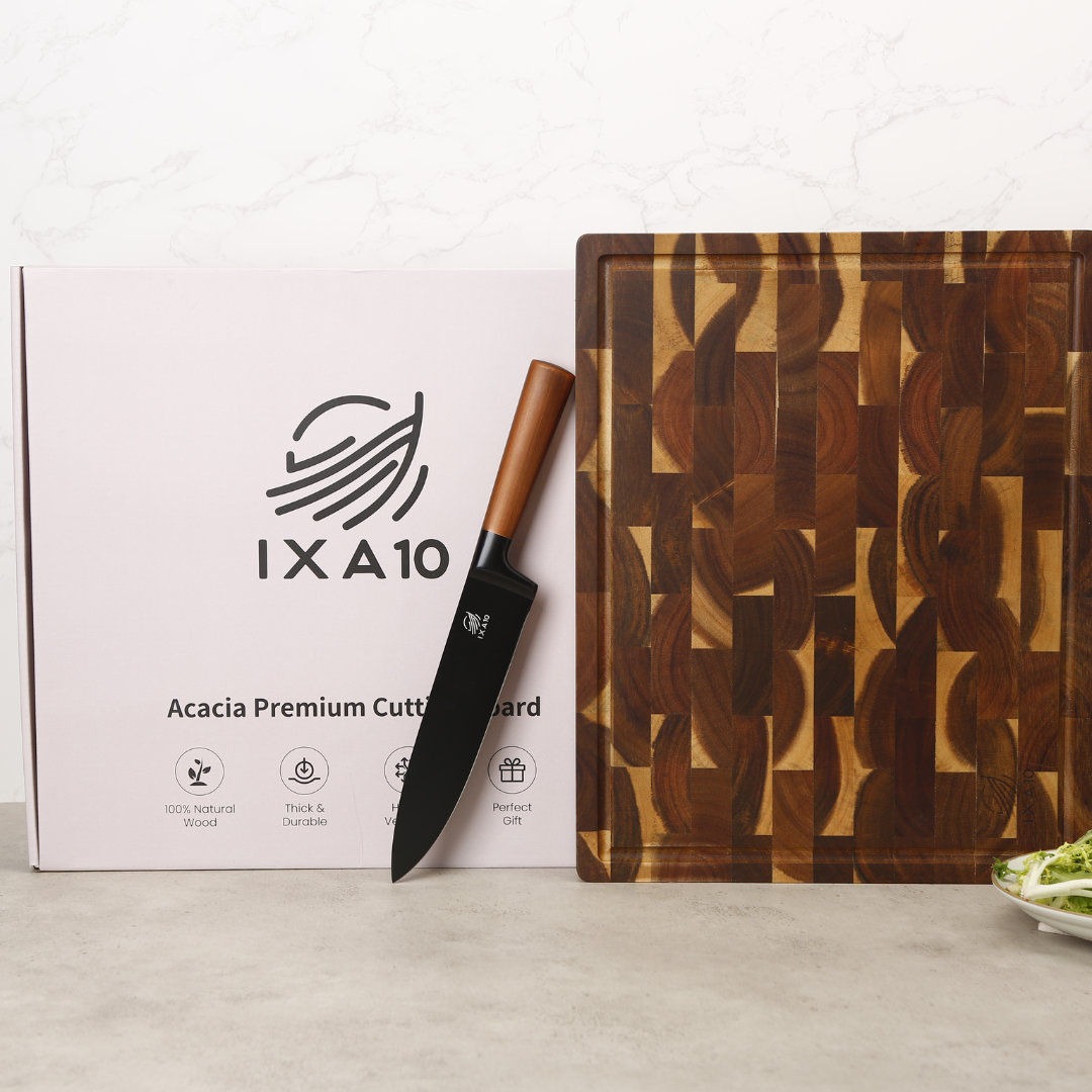 IXA10® | Tabla de Madera de Acacia + Cuchillo Chef